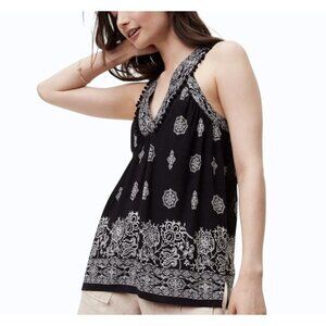Loft Black, White Printed Sleeveless Pom Pom Trim Swing Tank Top V Neck Boho XSP